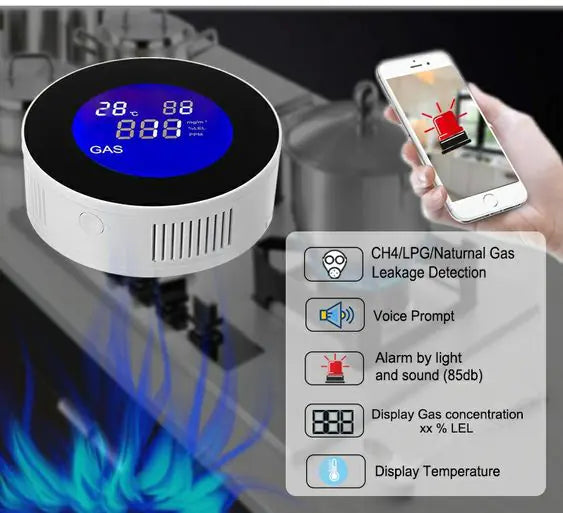 Wi-Fi Smart Natural Gas Detector - Digital LCD Temperature Display Gas Sensor